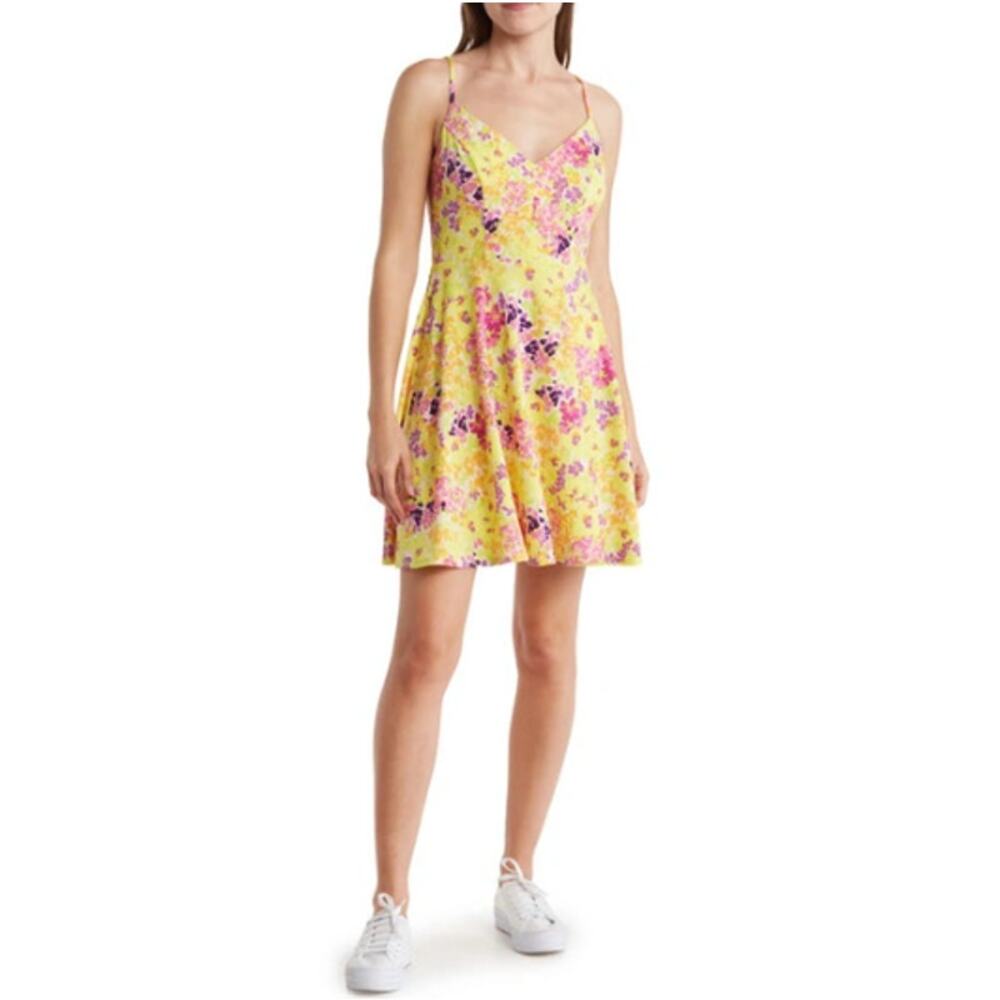 New ABOUND NORDSTROM Pink-Yellow Painted Floral V-Neck Skater Dress Size L